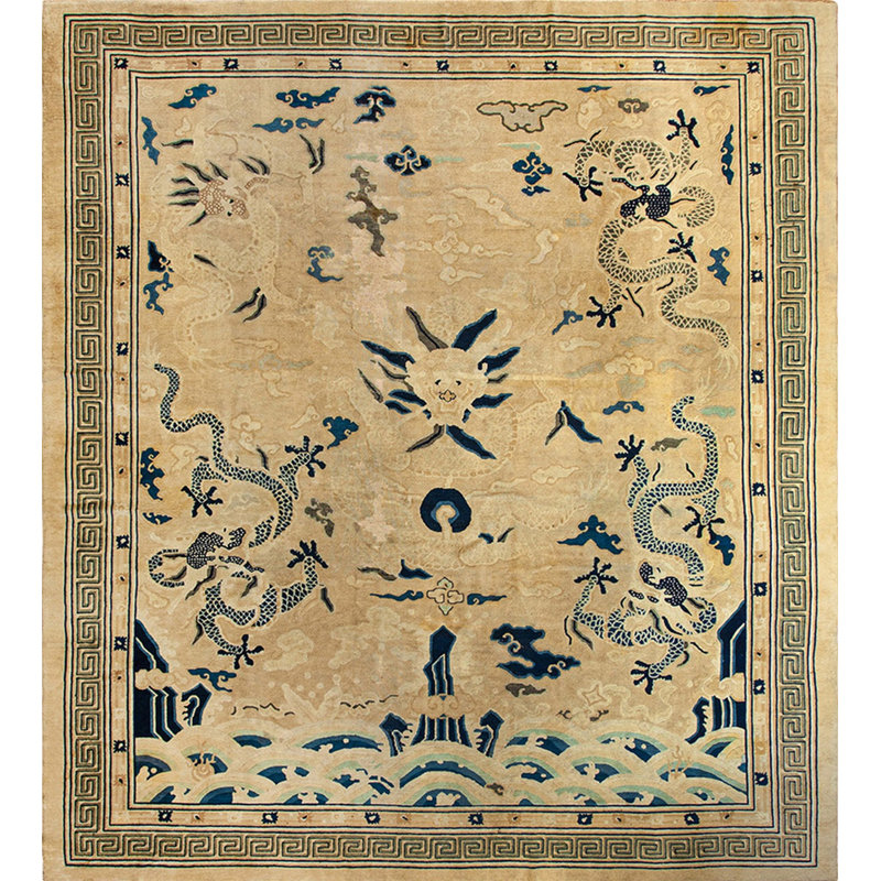 Ivory Antique Late 19th Century Square Shape Room Size Chinese Peking Cloud Band Dragon Carpet