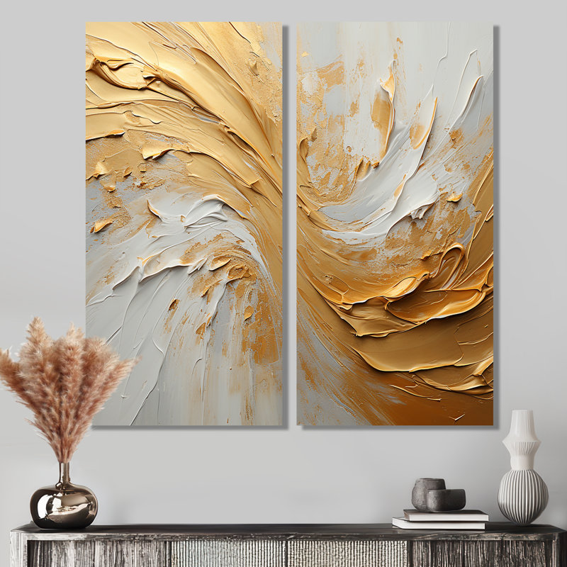 Or et beige, peinture à vague douce - art mural moderne bleu, 32" H x 32" W, Wrapped Canvas, Does Not Apply