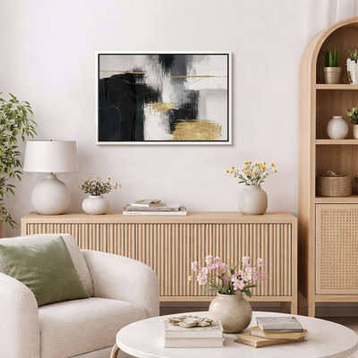 Abstract Black and Gold Composition, Bold Blocks with Neutral White Contrast, Modern Minimalist Design, Framed Canvas Giclee Print Wall Art