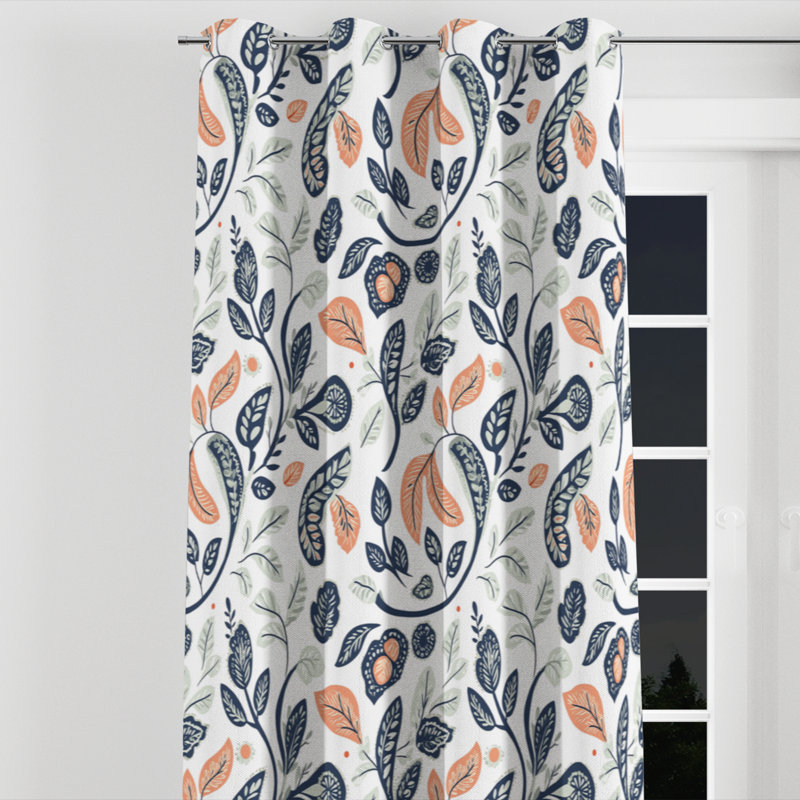 Boho Velvet Curtains - Orange Botanical Paisley Grommet Curtain - 1 Panel, 52" W x 120" L, Silver Grommets