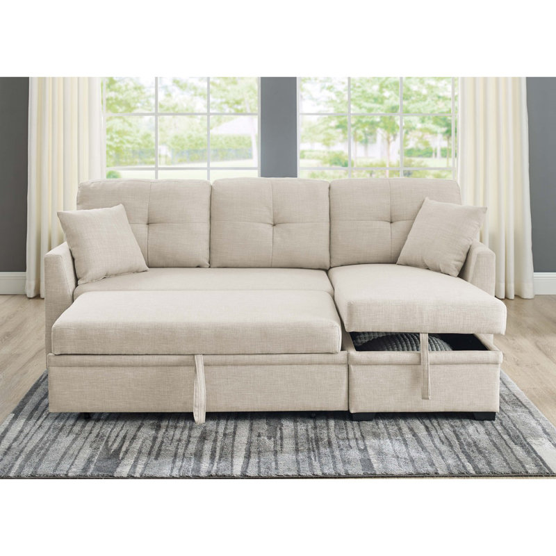 76.5" Linen Blend Upholstered Sectional With Pull-Out Bed And Chaise Storage, Almond