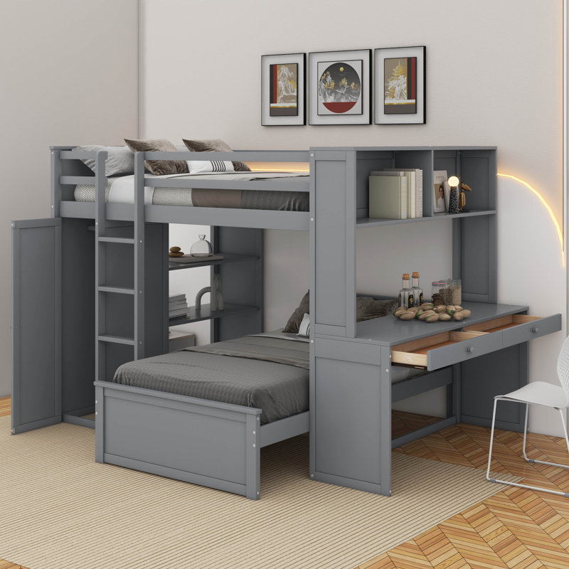 Lit mezzanine double avec tablettes, bureau et garde-robe, Gris