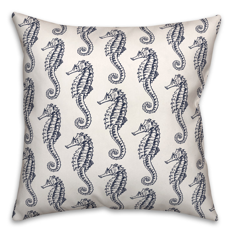 Navy Sketched Seahorses Throw Pillow
