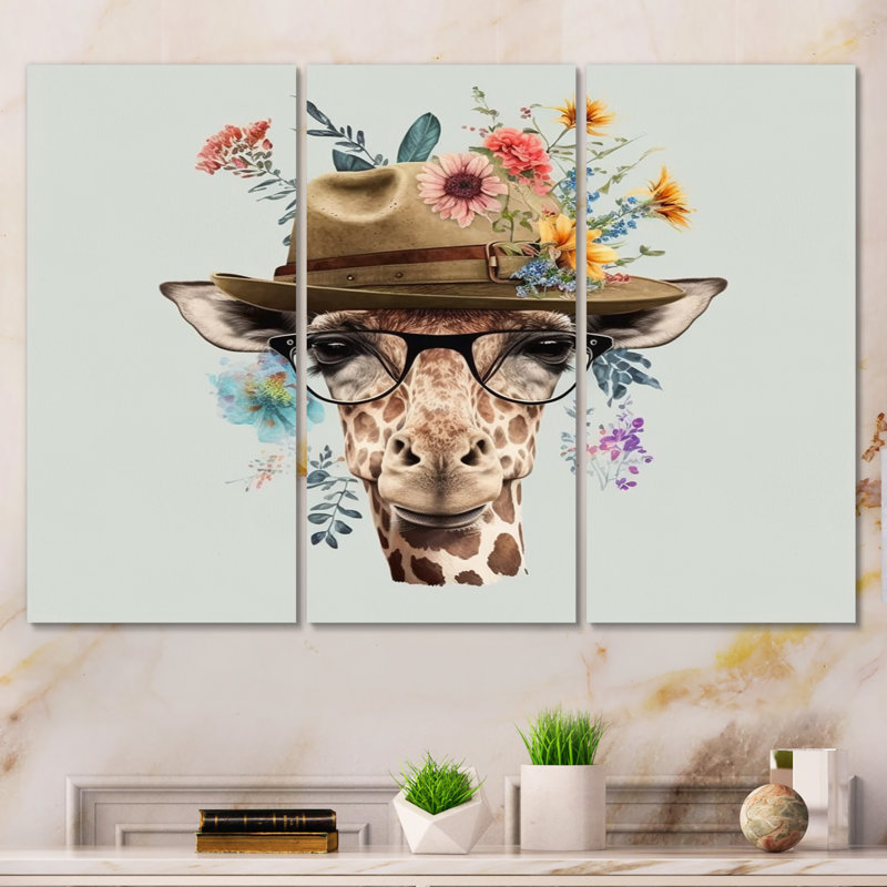 Portrait de girafe avec des lunettes et un chapeau I - animaux, ensemble de reproduction sur toile girafe