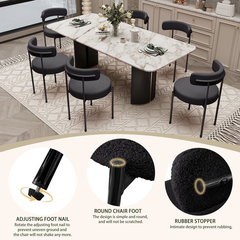 Boucle Dining Chairs Teddy Upholstered Dining Room Chairs Kitchen Chair With Metal Legs Mid Century Modern Chair For Dining Room, Kitchen