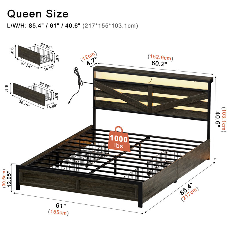 Antioch Bed Frame with 4 Drawers & Storage Headboard, Stable Bed with LED Light & Charging Station, No Box Spring Needed