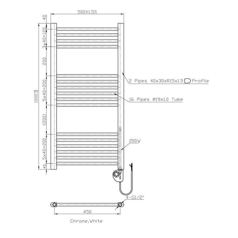 Grieve Straight Towel Rail Heated Towel Rails, Chrome
