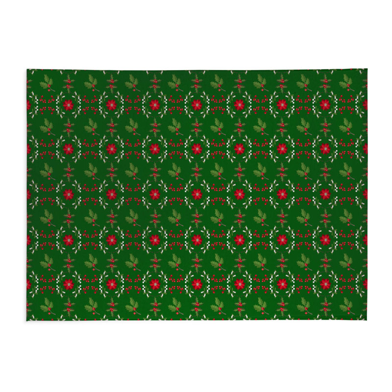Botanical Poinsettia Low Profile Kitchen Mat, Rectangle 3' x 2', Green