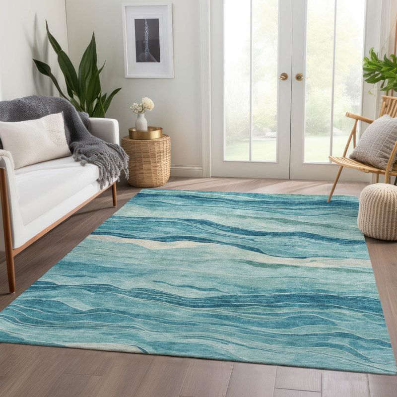 Turquoise and Blue Synthetic Flat Woven Washable Rug