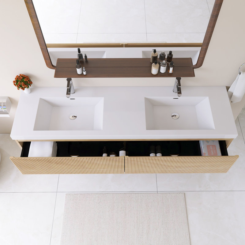 72'' Wall Mounted Single Bathroom Vanity With Glossy White Solid Surface Basin, 71"