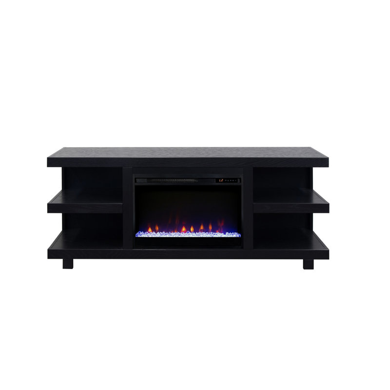 Bureau de 65 po pour téléviseur avec foyer, ajustement jusqu'à 75 po, finition clou de girofle, étagère ouverte, support en chêne avec foyer, téléviseur, 17 po x 25 po, placage
