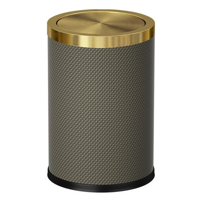 2.4 Gallon Bathroom Trash Can With Lid PU Leather Modern Round Decorative Waste Basket (9L-Checked Grey)