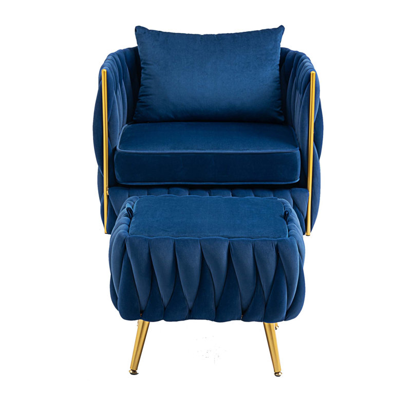 Fauteuil d'appoint rembourré et capitonné rembourré avec repose-pieds JOJO-W1539100772, Polyester bleu marine