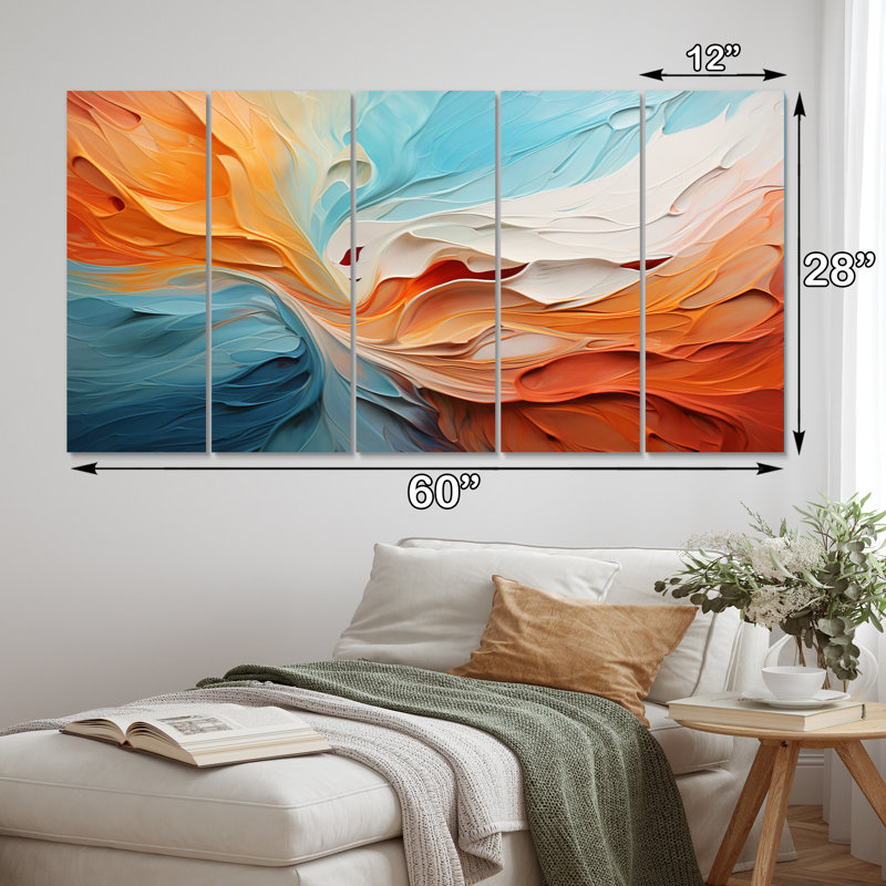 «Teal Orange Bold Abstract Flow Collage I», reproduction de toile tendue 5 pièces