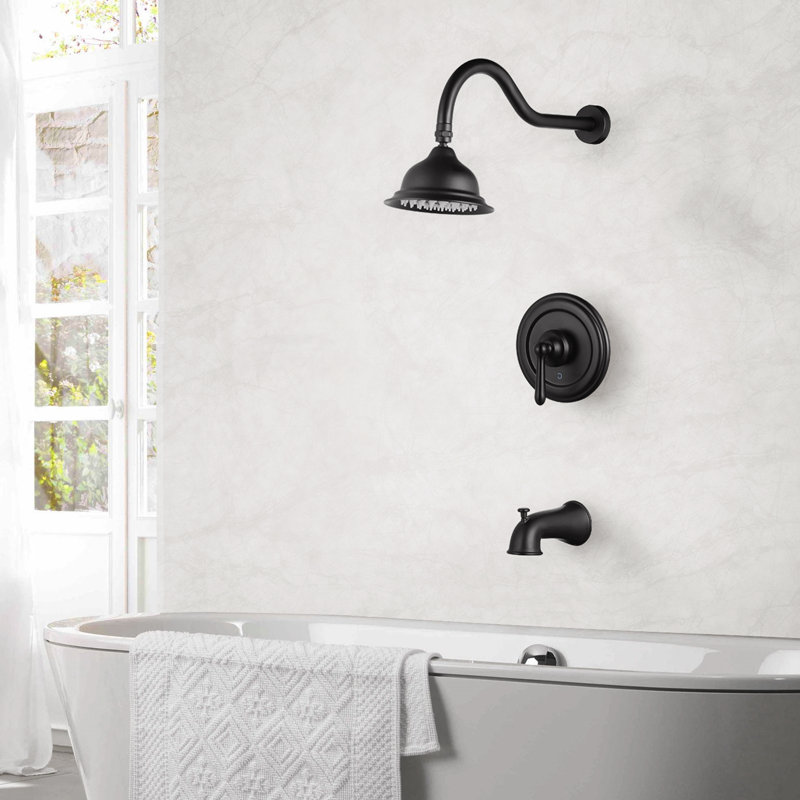 Pressure Balance Shower System 1.8 GPM Shower Faucet With Tub Spout And Brass Rough-In Valve, Matte Black