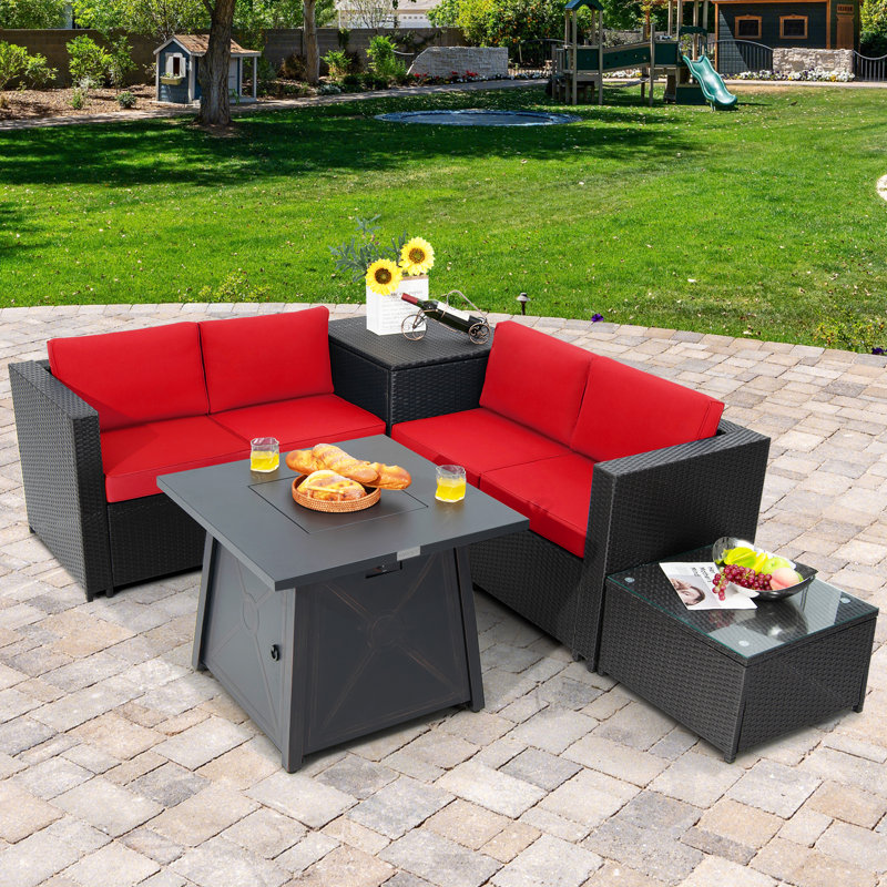 Zhou 5 Piece Rattan Sofa Seating Group with Cushions Fire Pit, Red