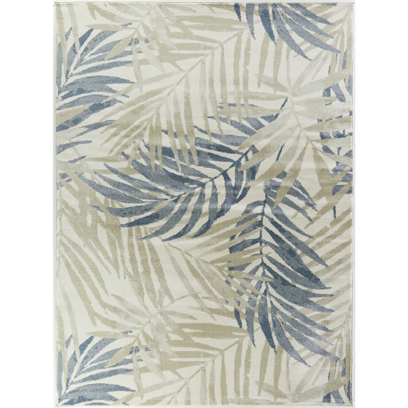 Floral White/Ivory/Blue Area Rug, Rectangle 7'10" x 10'