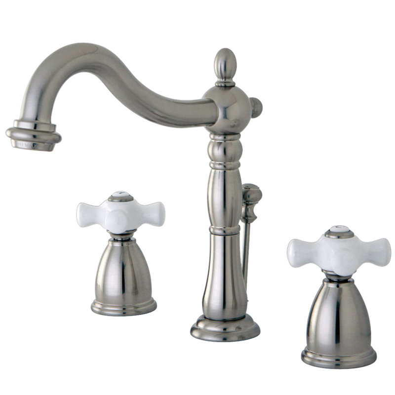 Kingston Brass Heritage Two-Handle 3-Hole Deck Mount Widespread Bathroom Faucet with Pop-Up Drain, Brushed Nickel