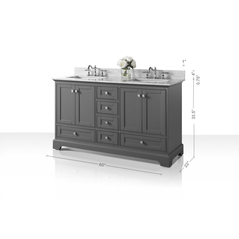 Audrey 60'' W Double Vanity, Carrara White, Brushed Nickel, Sapphire Gray