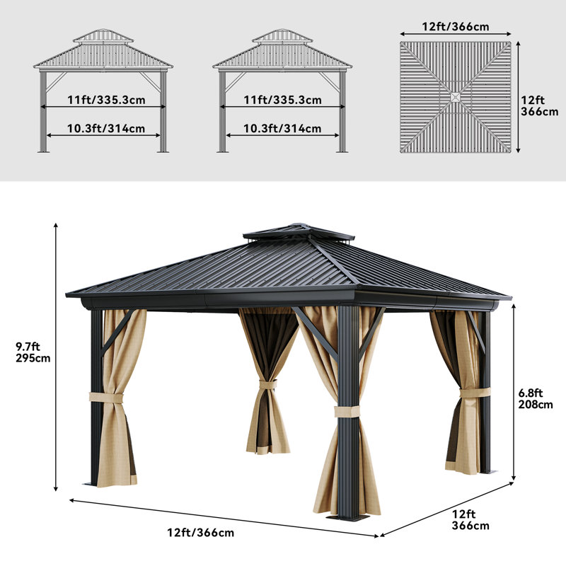 Hardtop Double-Roofed Aluminum Patio Gazebo Multiple Sizes, 12 ft x 12 ft, Brown