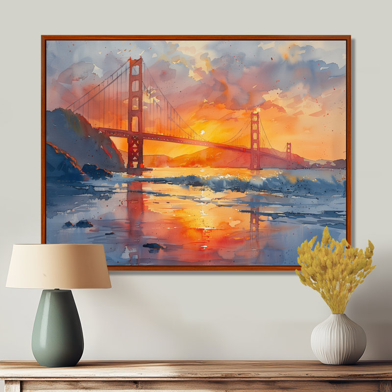 Art mural jaune jaune rouge Golden Gate, Toile avec cadre flottant brun, H 30 po x l 40 po x P 1,5 po