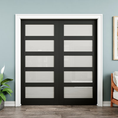 Porte intérieure double vitrée 64 po x 80 po à 5 poches en verre givré noir, plaque de porte d'intimité en verre, insonorisant et imperméable, comme portes de buanderie, portes de placard, portes de pièce, gauche