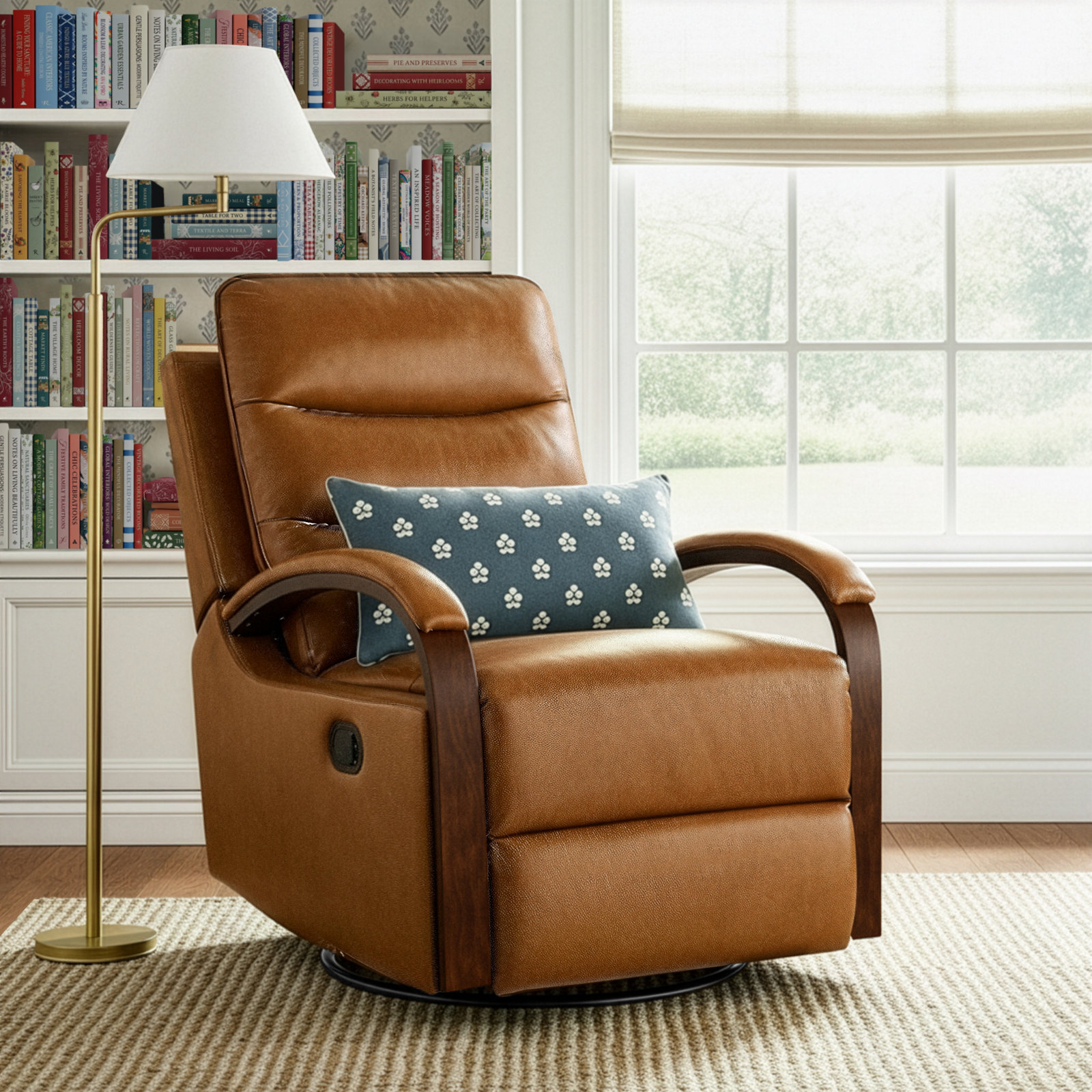 Azilda 29" Genuine Leather Manual Swivel Recliner, Camel Pebbled Top Grain Leather