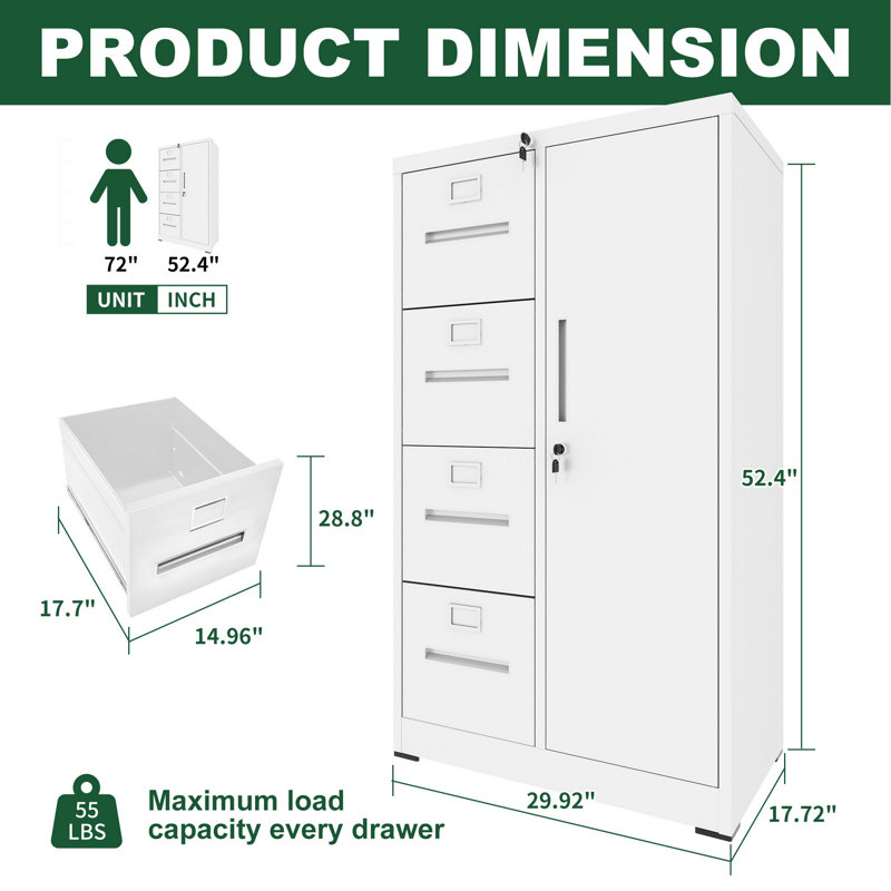 Office Storage Cabinet, Metal Storage Cabinet, Vertical Filing Cabinet With Lock, File Locker With 4 Drawers And 1 Door For School, Office, Vertical Filing Cabinet For Storage