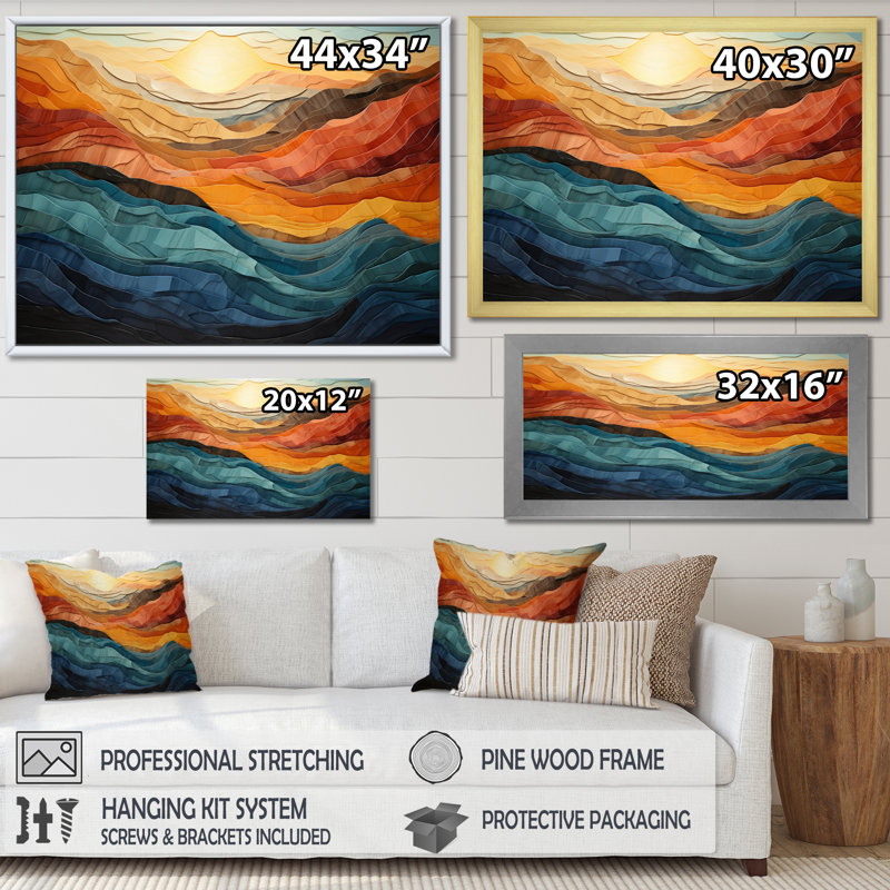 Paysage de montagnes corail bleu sarcelle audacieux - art mural montagne - vallée de Bold, H 34 po x l 44 po, Toile tendue