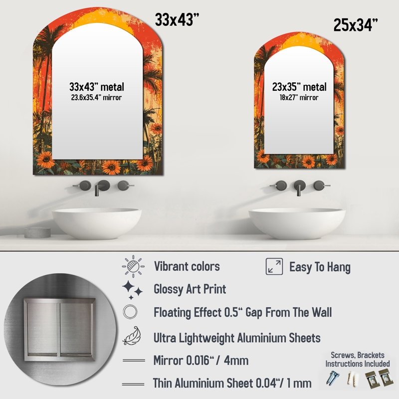 Summer Fire - Miroir mural arqué traditionnel, 34 po x 25 po