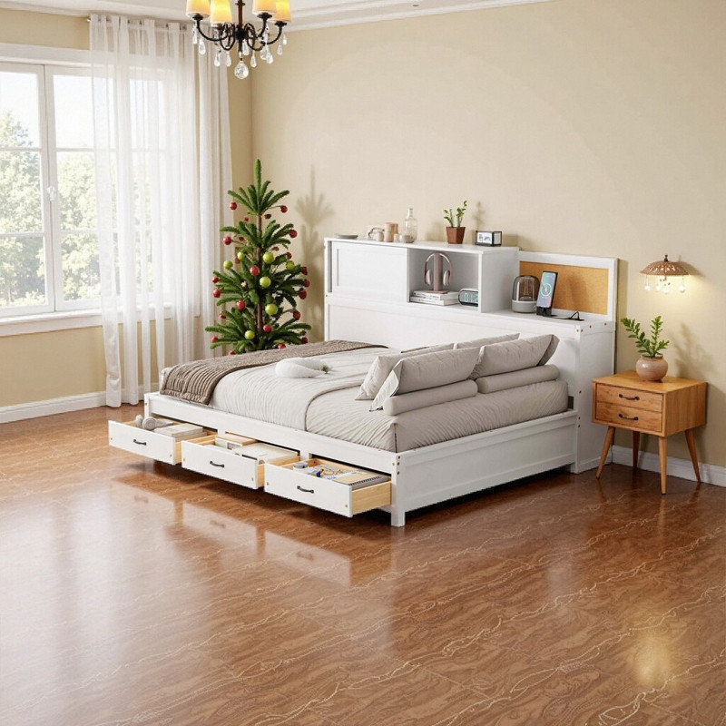 Lit de jour simple en bois avec tiroirs de rangement et ports USB intégrés
