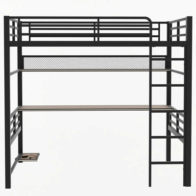 Full metal Loft Bed with LED Lights and Storage Shelf, Built-in Desk