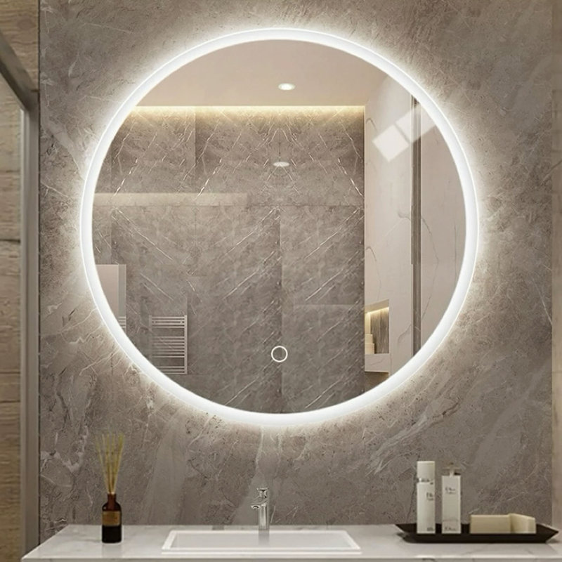 Miroir de salle de bain rond à DEL avec antibuée, température de couleur réglable et gradation, parfait pour le maquillage et le toilettage