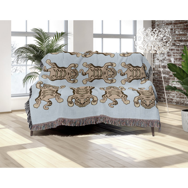 Jeté en mélange de coton Usha, L 60 po x l 50 po, Bleu / Blanc cassé