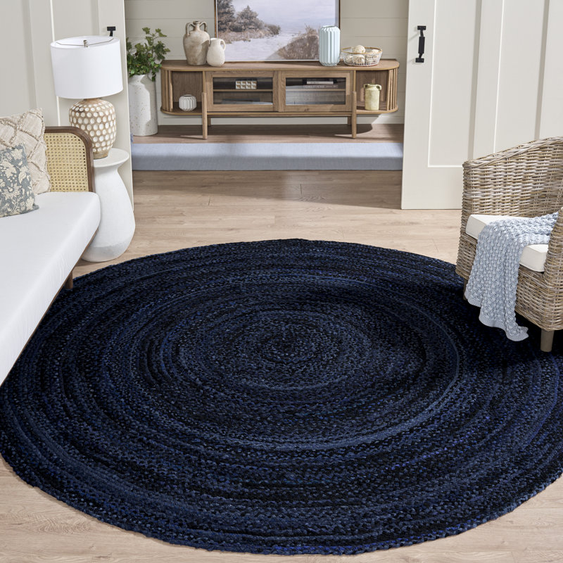 Tapis bleu marine / noir en coton tissé à plat à la main Proffitt, Rond 8 pi