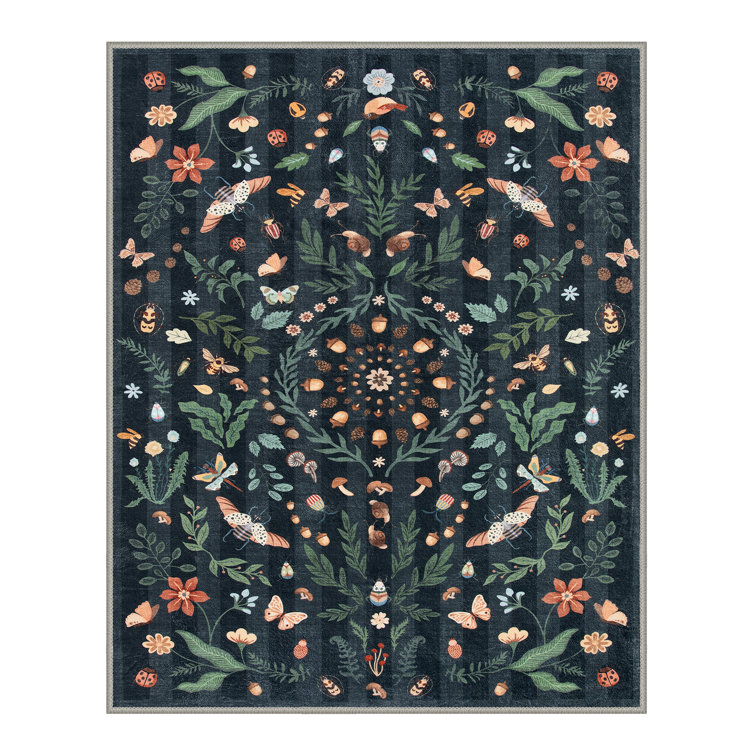 Insect and Plant Vertical Striped Textured Washable Area Rug - Nature-Inspired Carpet for Living Room, Bedroom, or Office