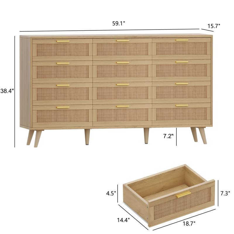 Commode à 12 tiroirs Airiona, commode en rotin, commode moderne pour chambre à coucher