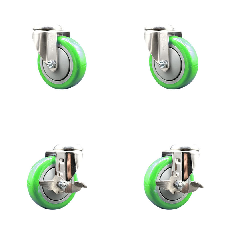 Ensemble de roulettes 4 trous en polyuréthane pivotant 4 pouces 4 trous SCC, Vert