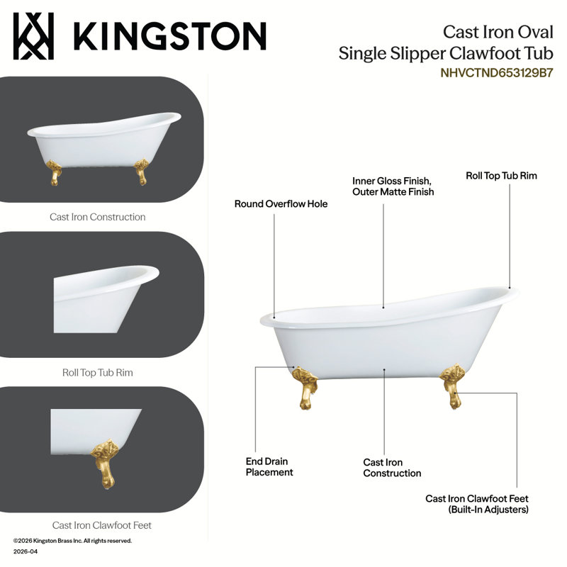 Kingston Brass Aqua Eden 61-Inch Cast Iron Oval Single Slipper Clawfoot Tub (No Faucet Drillings), Chrome