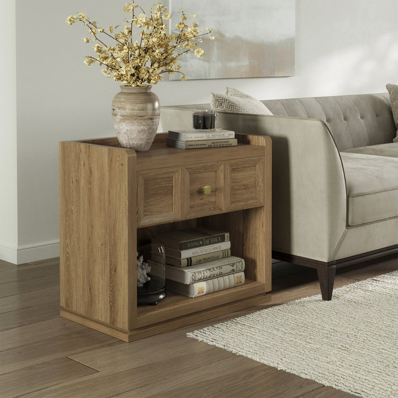 Tables de chevet l 30,7 po Helio avec 1 tiroir et 1 armoire de rangement ouverte, Naturel, H 25 po x l 25,7 po x P 15,4 po