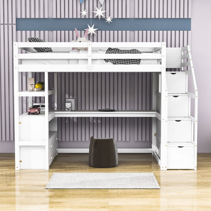 Kids Loft Bed with Drawers, White, Twin