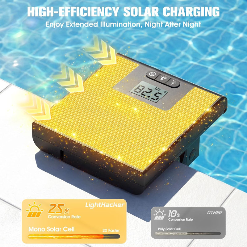 Lumière solaire pour piscine creusée avec thermomètre ACL, 10 modes 30 DEL, autonomie 24 heures, IP67 imperméable, longueur réglable, éclairage DEL de piscine submersible