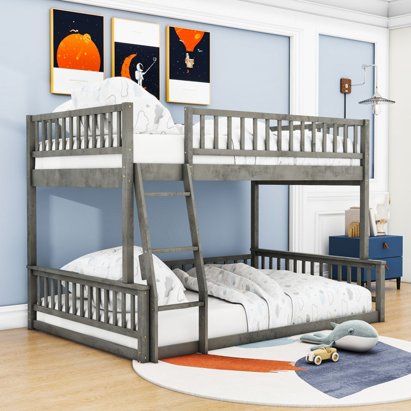 Wood Full XL Over Queen Bunk Bed With Ladder And Guardrails, Gray