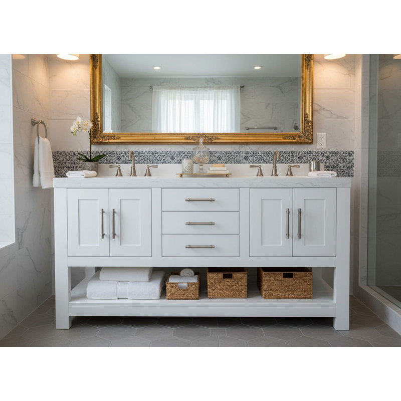 Meuble-lavabo à double cuve - Chêne blanc - Teinte L 84 po 4, 84", Chêne blanc