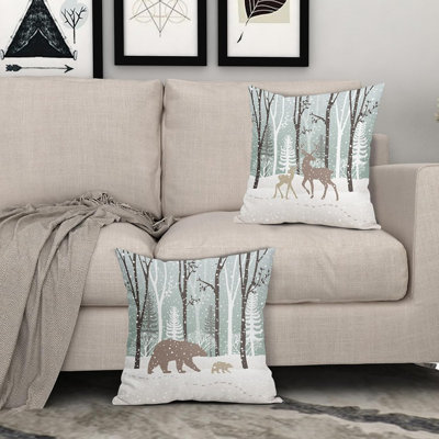 Ensemble de 2 housses de coussin d'hiver pour animaux sauvages, forêt, ours, cerfs, sapins de Noël, neige, housse de coussin décorative 18 x 18 pouces, housse de coussin en lin de coton à double face pour canapé-lit
