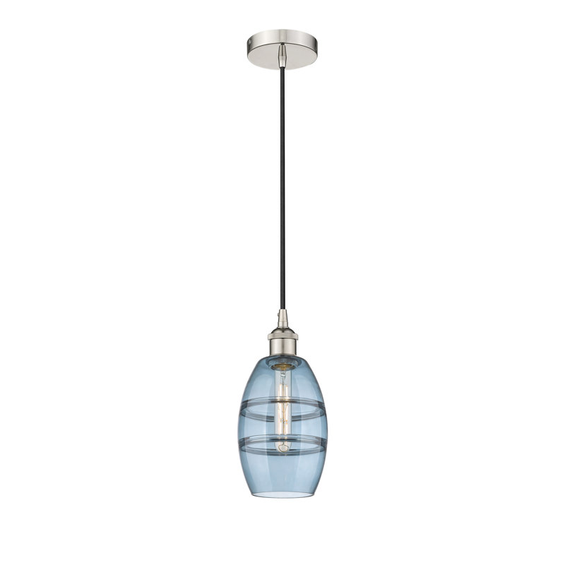 Mini-luminaire suspendu 1 lumière Edison Bettylou-616-G557, H 8,13 po x l 5,88 po x P 5,88 po, Bleu princesse, Nickel poli