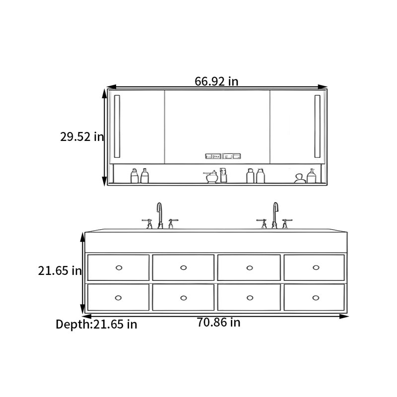 Armoire de salle de bain à double cuve de style moyen-ancien, H 21,65 po x l 70,86 po x P 21,65 po, Noyer