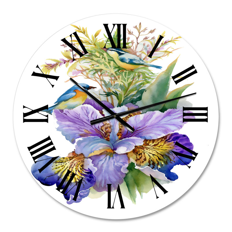 Iris mauve avec oiseaux - horloge murale traditionnelle, Surdimensionné