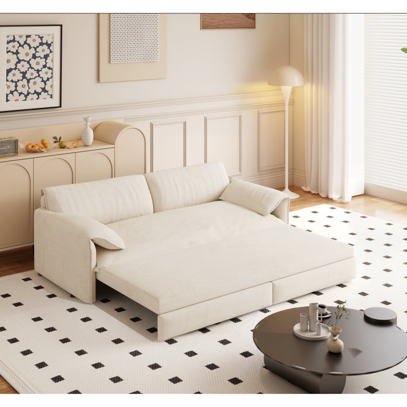 66" Queen Pull Out Sofa Bed, 3-in-1 Convertible Sleeper Sofa Multi-Functional Velvet Loveseat Bed, Beige