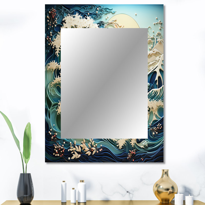Teal White Ocean Rhapsody - Ocean Mirror, Teal Unique Wall Mirror, Printed Metal Art, 40" x 30"